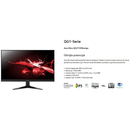 Acer 27&rdquo; Nitro QG1 FHD 180HzFHD,IPS,250cd,1ms,HDMIx2,DP,SPK+Audio out,tilt -5 20,VESA 100&times;100,crna Cijene