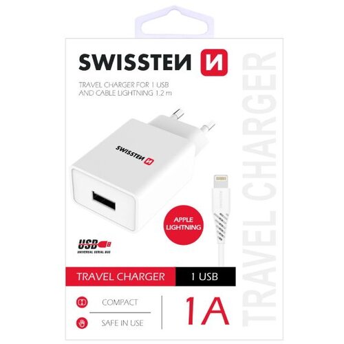 Swissten punjač za AC220, 1xUSB, 1A, bijeli + LIGHTNING kabel Slike
