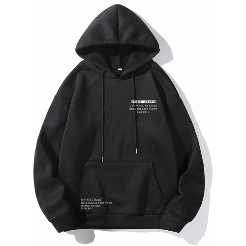 K&H TWENTY-ONE Unisex Black The Happiest Printed Hoodie Sweatshirt Slike
