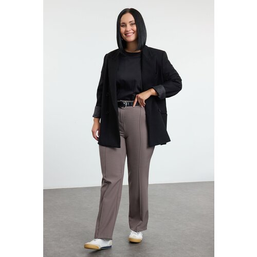 Trendyol Curve Grey High Waist Ribbed Stitched Spanish Leg Woven Fabric Trousers Slike
