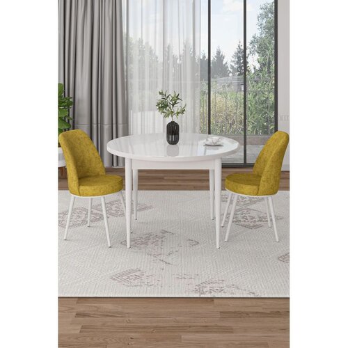 Hanah home trpezarijski set Tor, sto i 2 stolice, bela ploča, senf žuta tkanina Babyface Cene
