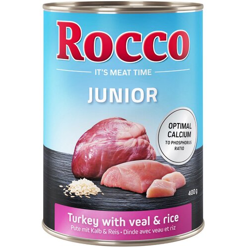  Varčno pakiranje Rocco Junior 24 x 400 g - Puran & telečja srca z rižem Cijene