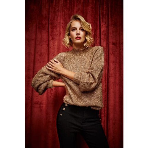 Marisse Turtleneck Sweater Decorated With Metallic Thread, Beige Slike