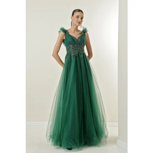 By Saygı Tie Back Beaded Embroidered Lined Tulle Long Dress