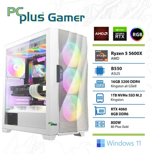 PCPLUS Gamer Ryzen 5 5600G 16GB 1TB NVMe SSD GeForce RTX 4060 8GB RGB Windows 11 Home gaming namizni računalnik