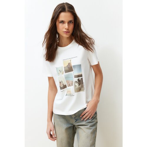 Trendyol Ecru 100% Cotton Landscape Printed Regular/Regular Fit Short Sleeve Knitted T-Shirt Cene