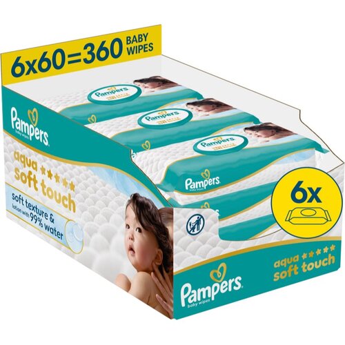 Pampers Aqua Soft Touch vlažne maramice za či&amp;scaron;ćenje za djecu 6x60 kom Slike
