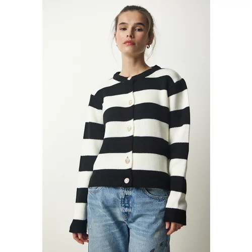 Happiness İstanbul Women's Black and White Stylish Buttoned Striped Knitwear Cardigan