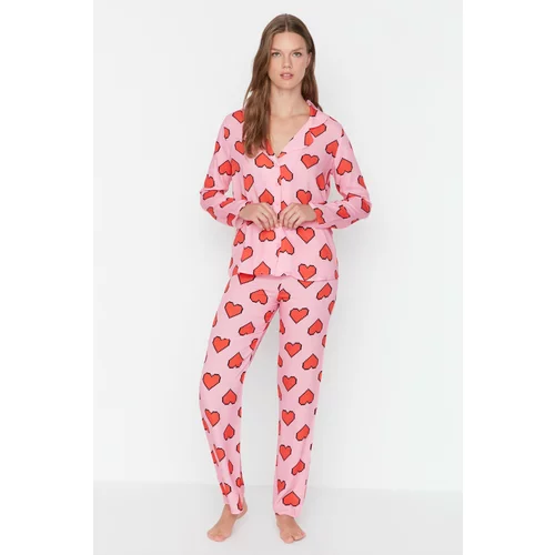 Trendyol Pink Heart Patterned Shirt Collar Viscose Woven Pajamas Set