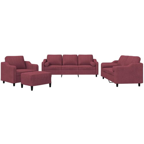 VidaXL 4-dijelni set sofa s jastucima crvena boja vina od tkanine - boja crnog vina s jastucima i tabureom Slike