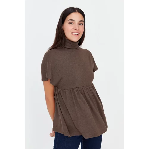 Trendyol Brown Stand Up Collar Loose Fit Knitted Blouse