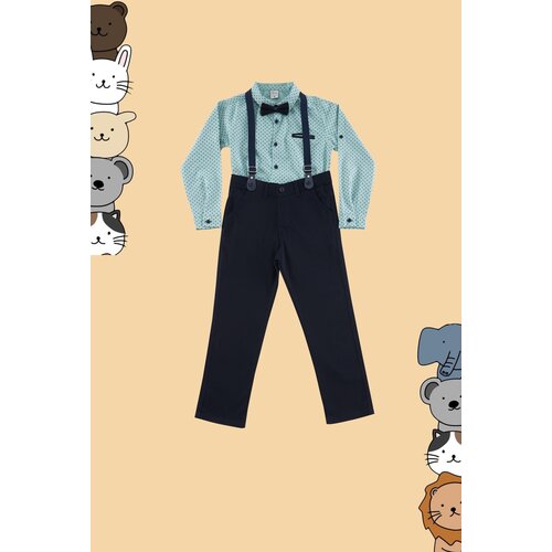 Trendyol mint boy bow tie polka dot shirt trousers suspender set Slike