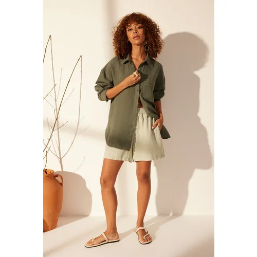 Trendyol Green 100% Linen Oversize Shirt