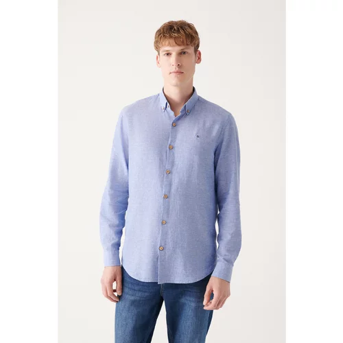 Avva Dark Blue Buttoned Collar Cotton Linen Regular Fit Shirt.