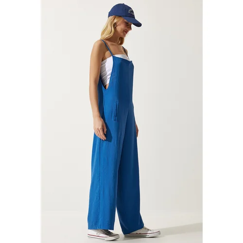  Women's Blue Strap Loose Knitted Overalls Jumpsuit