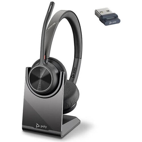 Poly Brezžične Bluetooth slu&amp;scaron;alke Plantronics Voyager 4320 UC črne (218476-01) s stojalom Slike