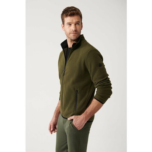 Avva Men's Khaki Fleece Sweatshirt High Neck Cold Resistant Zipper Regular Fit Cene