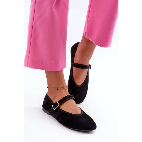 Boto Black Eco-Suede Ballerina Flats with Buckle Anlofi Cene