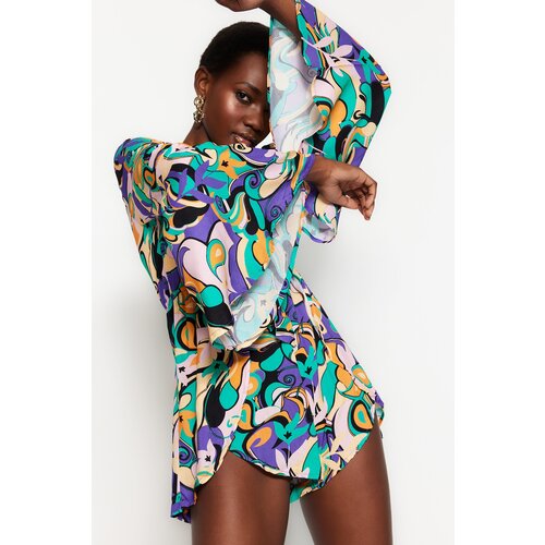 Trendyol Abstract Pattern Woven Stripe Accessorized Blouse, Short Set Slike