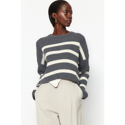 Trendyol Anthracite Crop Striped Knitwear Sweater Slike