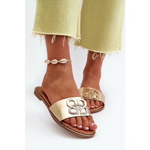 Kesi Women's slippers with eco-leather decoration on flat heels, gold Sadria Slike