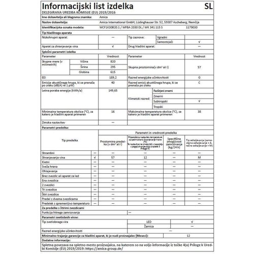 Amica wcf1k30b20.1 vinska vitrina 20 boca Slike