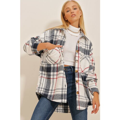 Trend Alaçatı Stili Women's Navy Blue-Striped Checked Patterned Stamped Cotton Oversized Safari Jacket Shirt Slike