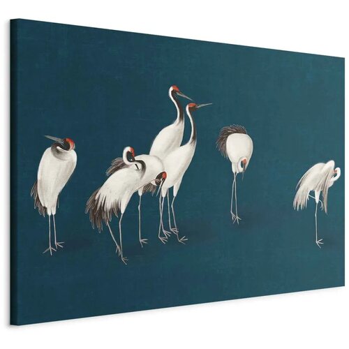  XXL slika - Evening by the pond - a group of cranes drawn in dry pastel on a dark turquoise background 160x107 Cijene