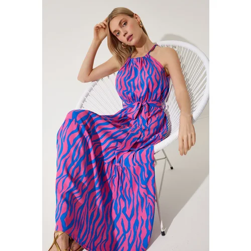  Women's Fuchsia Blue Halter Collar Summer Viscose Dress