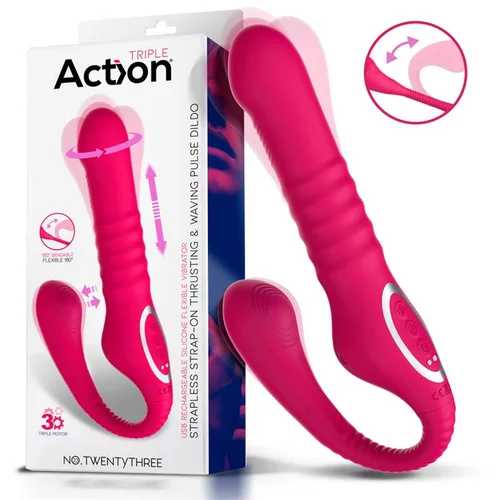 Action strapless strap-on thrusting & waving pulse triple dildo pink