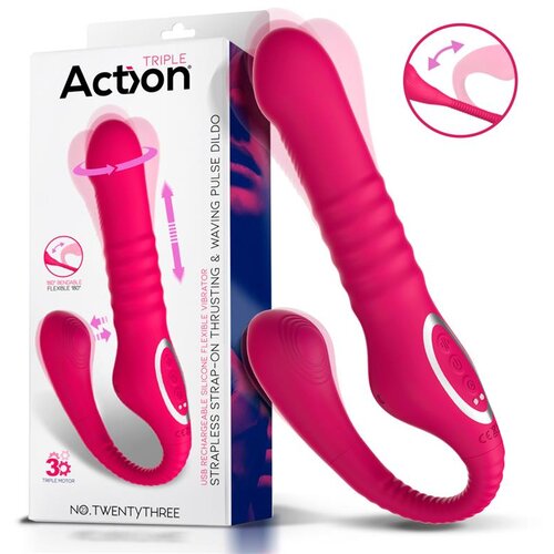 Action Strapless Strap-On Thrusting &amp;amp; Waving Pulse Triple Dildo Pink Slike