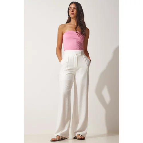 Happiness İstanbul Women's White Loose Fit Linen Pants with Velcro Fastener