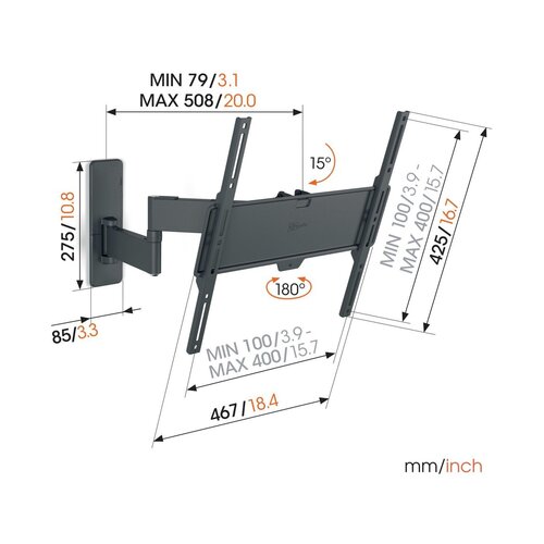 Vogels TVM1443, zidni nosač za ekrane od 32&amp;quot;-65&amp;quot;, nagib do 15&amp;deg; pomak 180&amp;deg;, 25kg Slike
