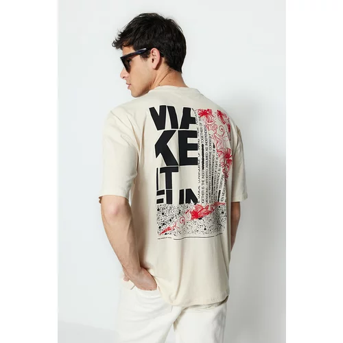 Trendyol Taş Men's Relaxed/Comfortable Cut Text Printed 100% Cotton T-Shirt
