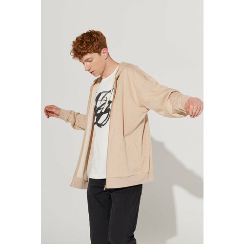 ALTINYILDIZ CLASSICS Men's Milk Brown Oversize Fit Wide Cut Hooded Collar 100% Cotton Zippered Sweatshirt Slike