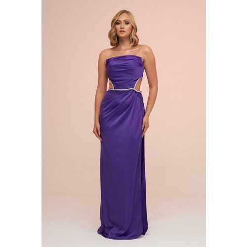 Carmen Purple Satin Strapless Long Evening Dress with Side Slit Slike