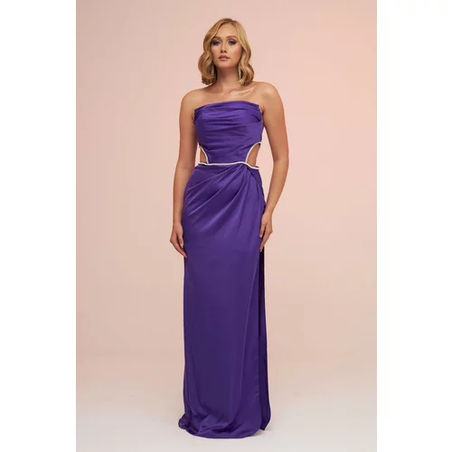 Carmen Purple Satin Strapless Long Evening Dress with Side Slit