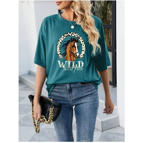 Know Women's Petrol Blue Horse Printed Oversize T-shirt