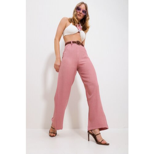 Trend Alaçatı Stili Women's Powder Pink High Waist Woven Trousers with Waist Belt and Side Hidden Zipper Slike