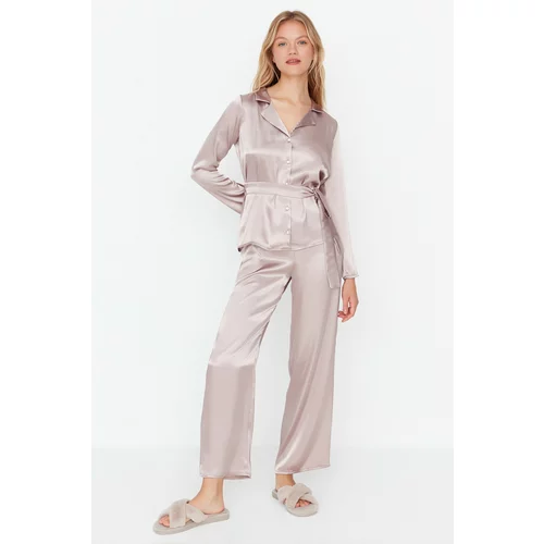 Trendyol Pink Belted Satin Woven Pajamas Set