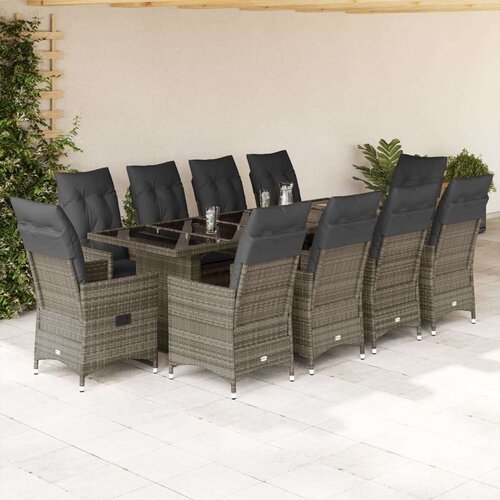 VidaXL 11-dijelni vrtni bistro set od poliratana s jastucima sivi - Sa naslonom za noge Stakl 10 Slike