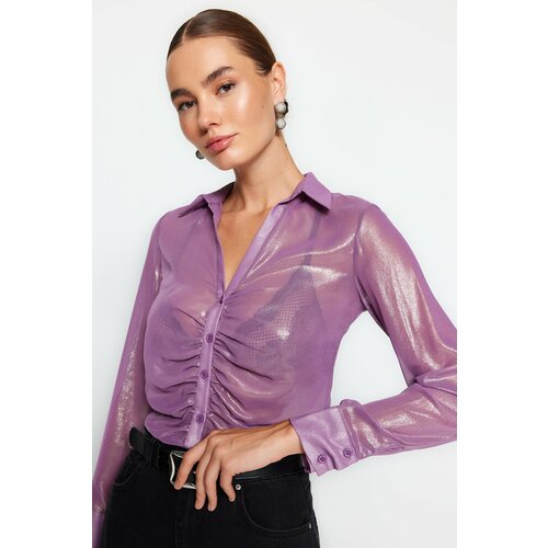 Trendyol Lilac Gathered Shiny Transparent Woven Shirt Cene