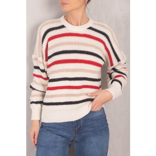 armonika Women's Colorful Striped Thessaloniki Knitted Sweater with Elastic Sleeves and Waist Slike
