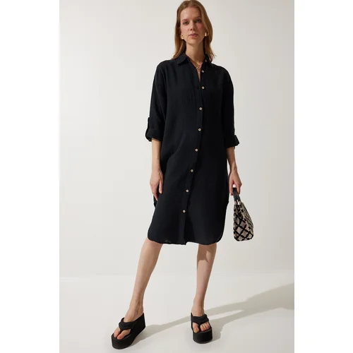  Women's Black Oversize Muslin Shirt Dress