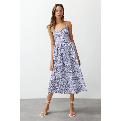 Trendyol Blue Floral Print A-line Sweetheart Neck Midi Poplin Woven Dress