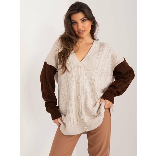 Fashion Hunters Beige and brown cardigan with a neckline Slike
