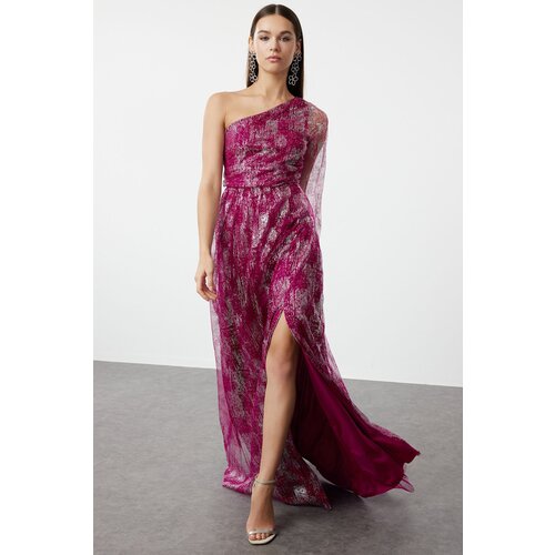 Trendyol Burgundy-Multicolor A-Cut One Shoulder Woven Tulle Long Elegant Evening Dress Slike