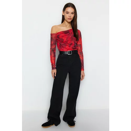 Trendyol Red Tulle Lined Asymmetric Collar Knitted Knitted Blouse