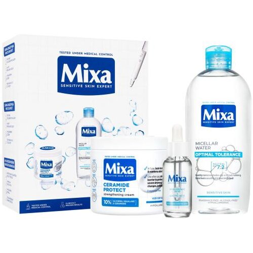 Mixa Hyaluronic Acid + Lactic Acid Anti-Dryness Hydrating Serum set: serum za obraz Hyaluronic Acid Lactic Acid Serum 30 ml + micelarna vodica Optimal Tolerance Micellar Water 400 ml + krema za telo Ceramide Protect Strengthening Cream 400 ml za ženske Slike