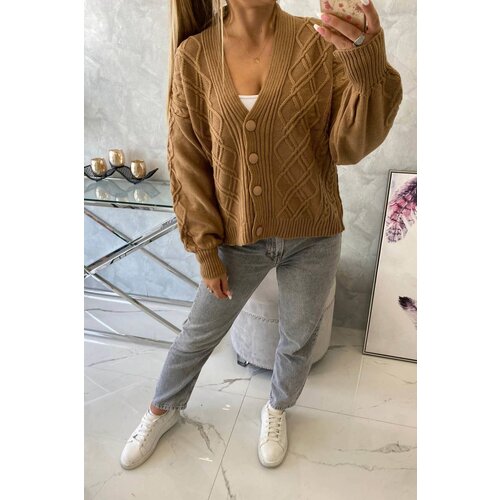 Kesi Buttoned sweater with a decorative weave camel Slike